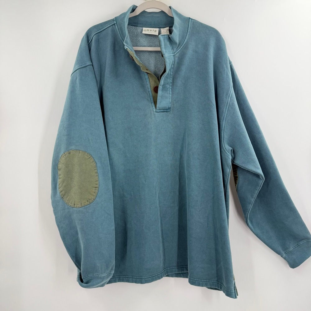 Orvis Gorpcore Grandad Pullover Sweatshirt Mens XXL Blue Quilted Elbow Patch - Picture 2 of 14